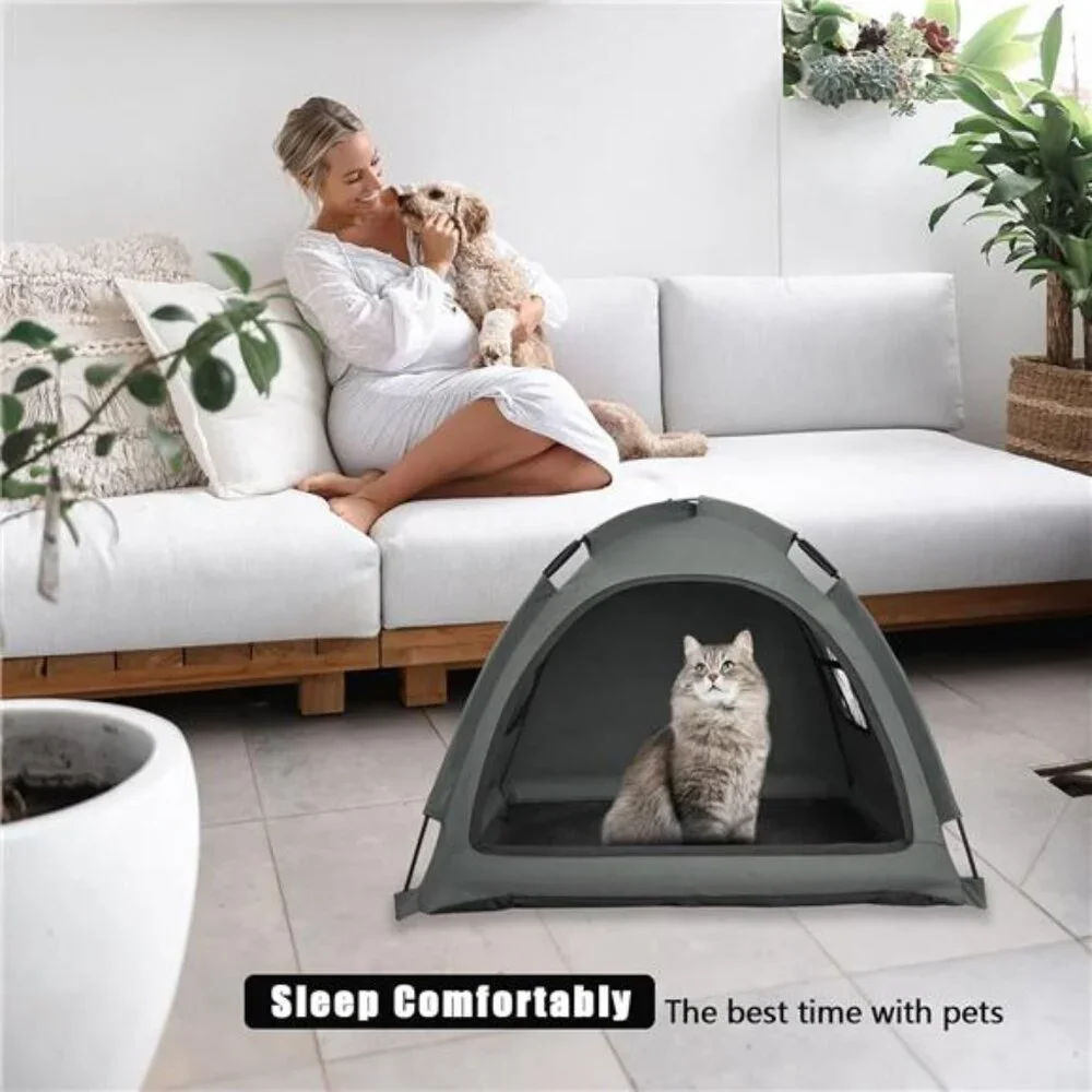 Cat Tent Bed Portable Indoor Outdoor Mesh Pet House Puppy Crate Travel Grey 35lb